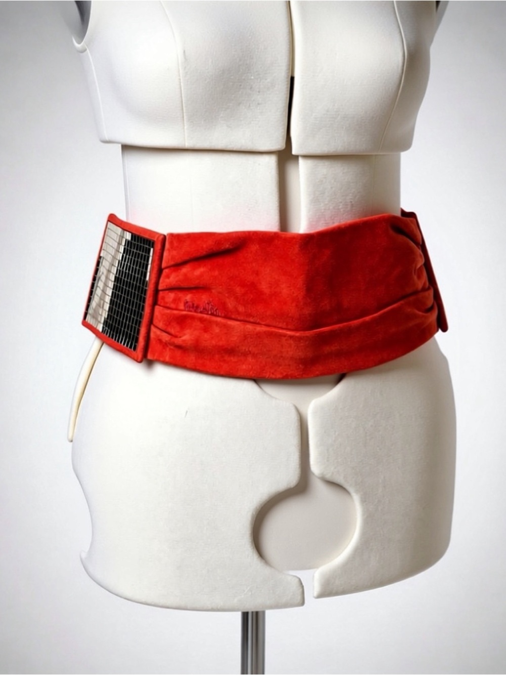 Miss Sixty VTG suede cummerbund belt, disco panels, peg/hole, 4”w, 31-34”, red